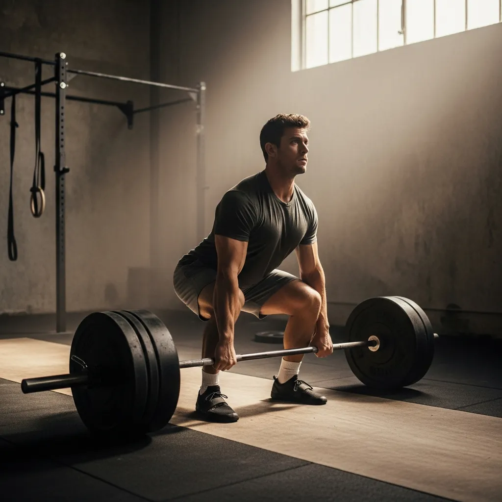 Persoon die gewichten tilt in een sportschool, symbool voor krachttraining en functionele beweging.